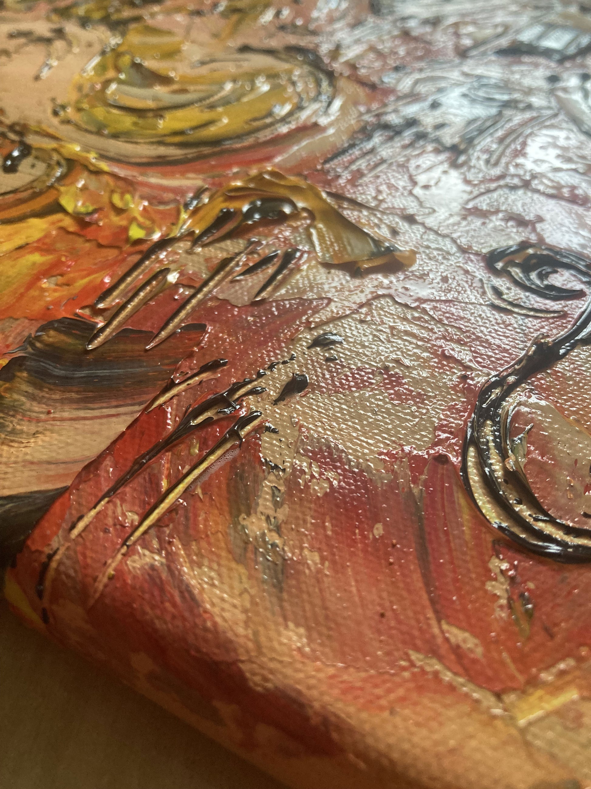 Tableau Musiciens Jazz, Trompette, Saxophone, Contrebasse, couleur beige marron orange, format 50x50 cm. Original unique. Création peintre Virginie Linard ©.