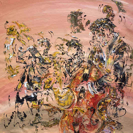 Tableau Musiciens Jazz, Trompette, Saxophone, Contrebasse, couleur beige marron orange, format 50x50 cm. Original unique. Création peintre Virginie Linard ©.