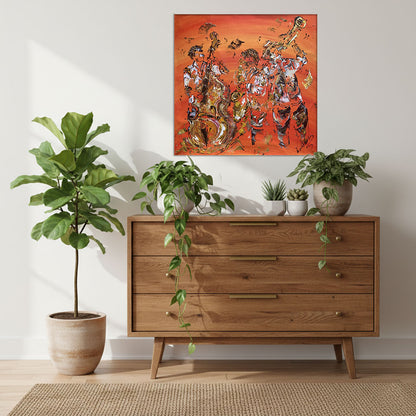 Tableau Peinture Groupe Jazz Musiciens - Spatule Reliefs - Toile Originale 60x60cm