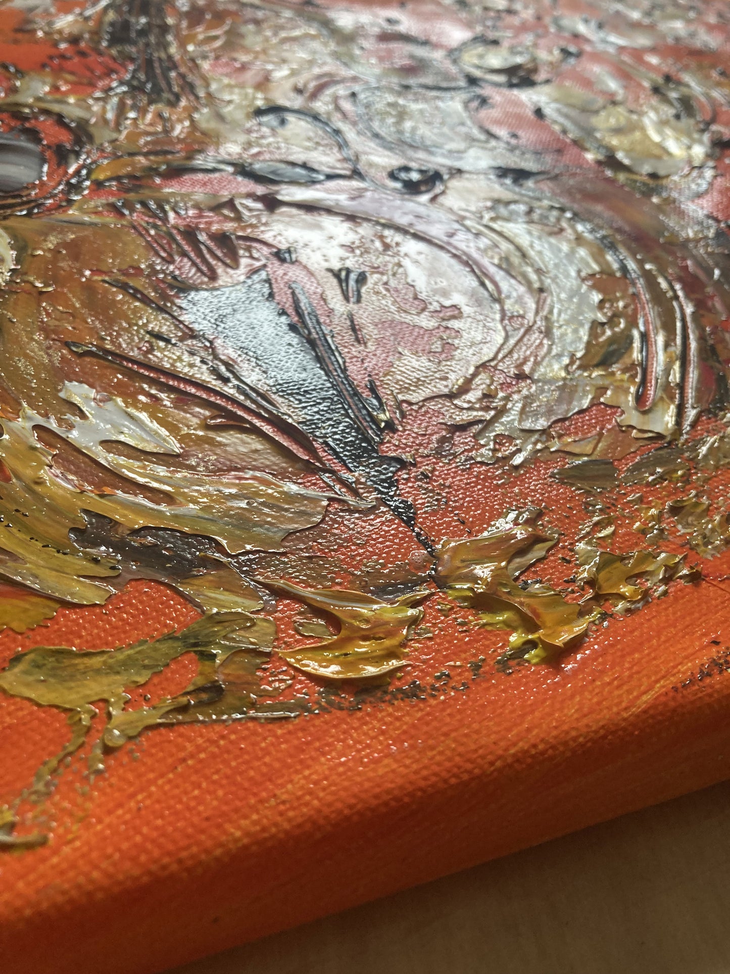 Tableau Musiciens Jazz, Trompette, Saxophone, Contrebasse, couleur beige marron orange, format 60x60 cm. Original unique. Création peintre Virginie Linard ©.