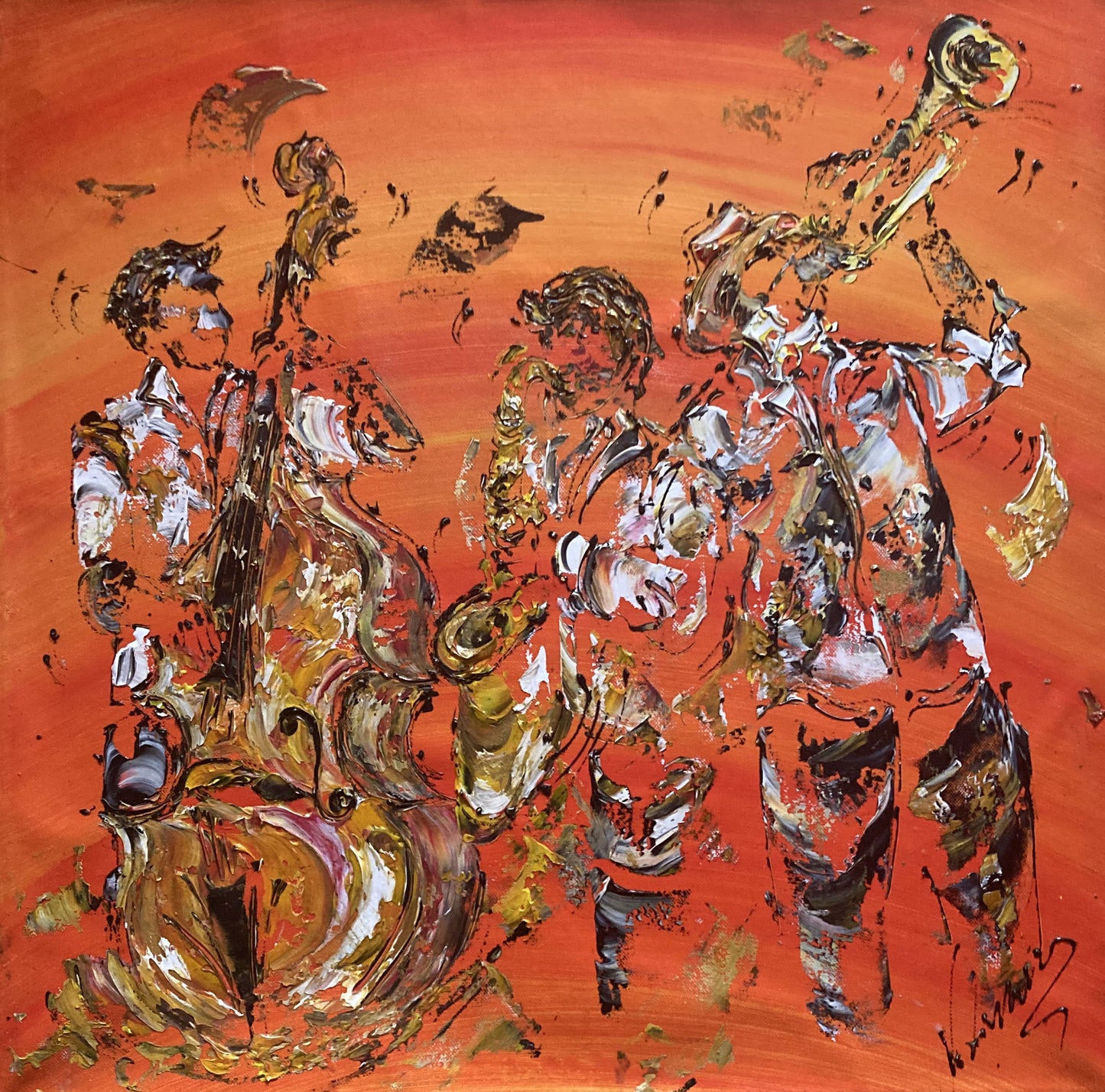 Tableau Musiciens Jazz, Trompette, Saxophone, Contrebasse, couleur beige marron orange, format 60x60 cm. Original unique. Création peintre Virginie Linard ©.