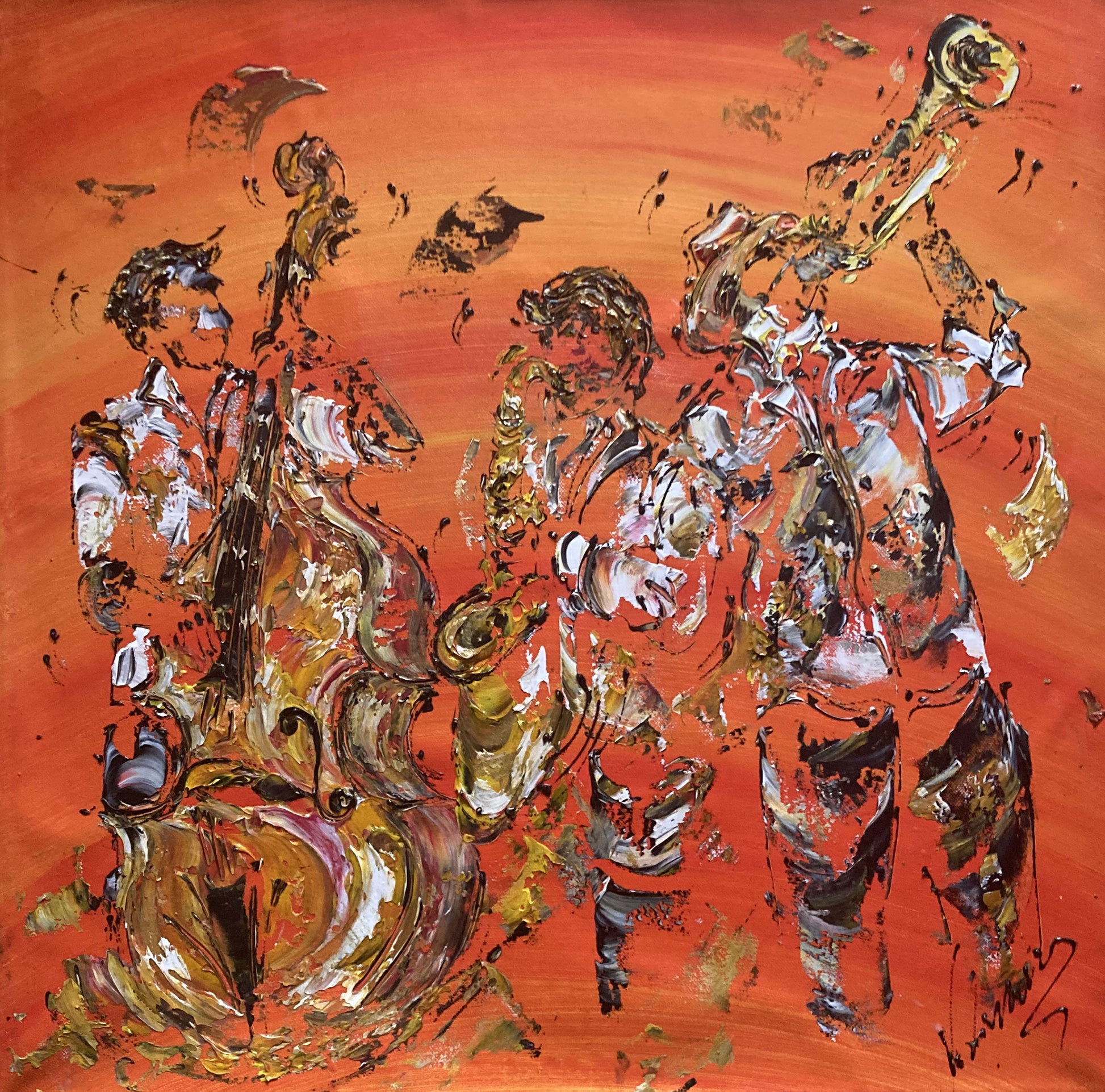 Tableau Musiciens Jazz, Trompette, Saxophone, Contrebasse, couleur beige marron orange, format 60x60 cm. Original unique. Création peintre Virginie Linard ©.