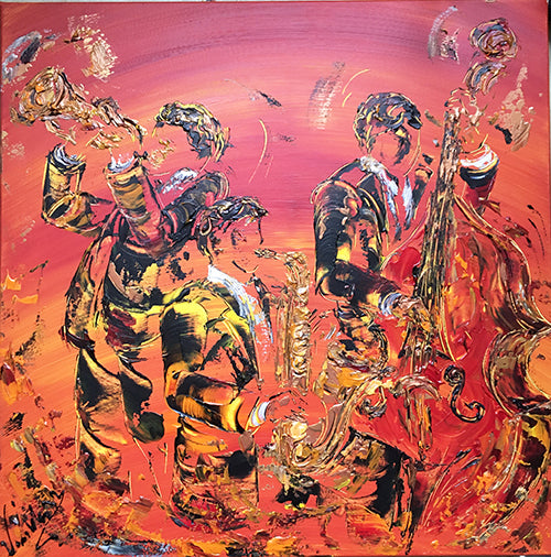 Tableau Musiciens Contrebasse Trompette Saxophone sur fond orange du peintre Virginie Linard ©