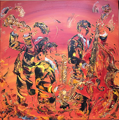 Tableau Musiciens Contrebasse Trompette Saxophone sur fond orange du peintre Virginie Linard ©