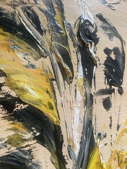 Tableau trio Saxophonistes. Peinture sur toile format 50x50cm. Création Virginie Linard ©. Détail.