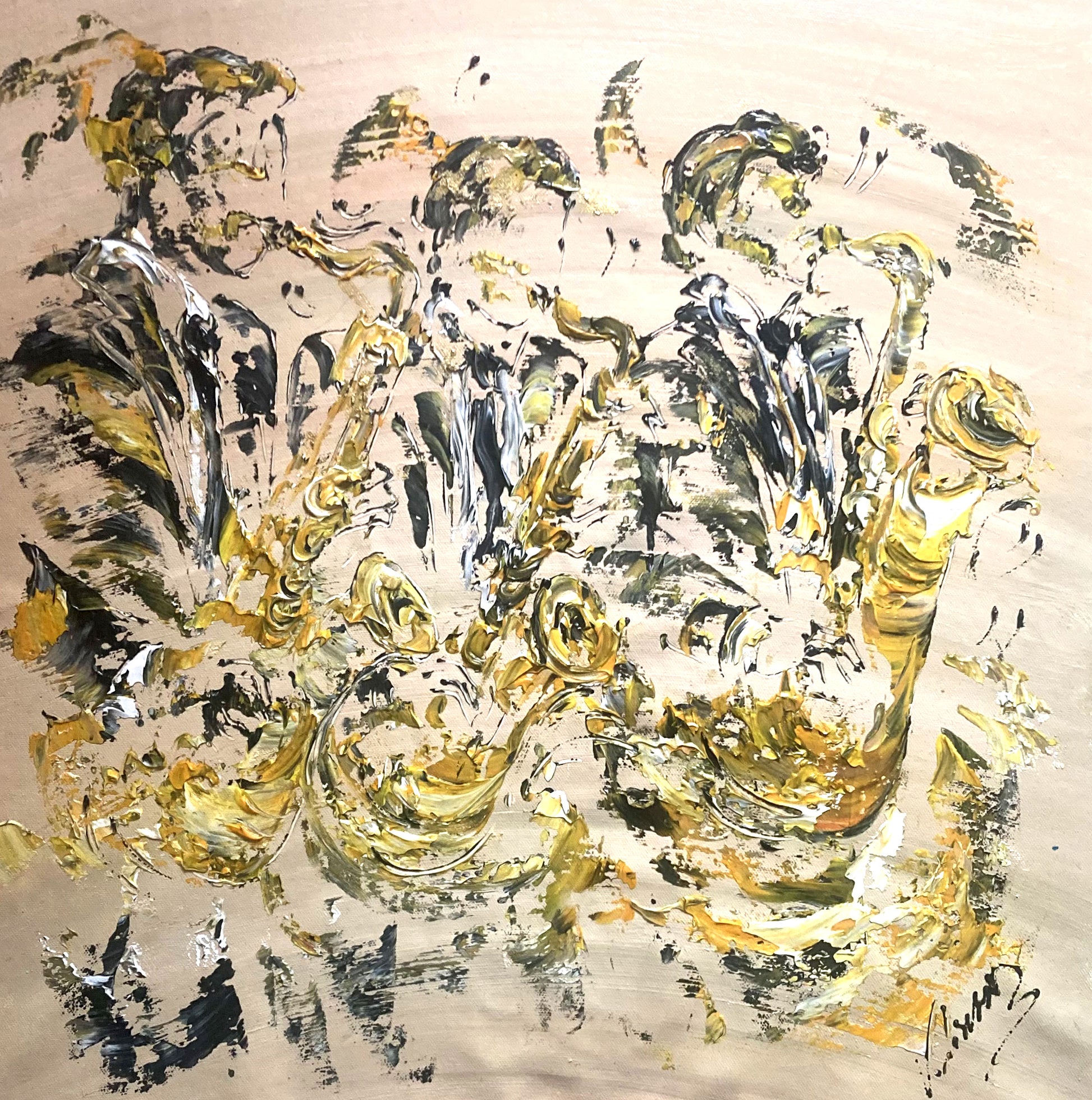 Tableau trio Saxophonistes. Peinture sur toile format 50x50cm. Création Virginie Linard ©.