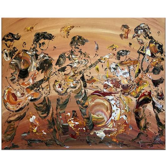 Tableau Musiciens hard rock batterie et guitares électriques. Peinture sur toile 60x70cm. Création Virginie Linard ©.