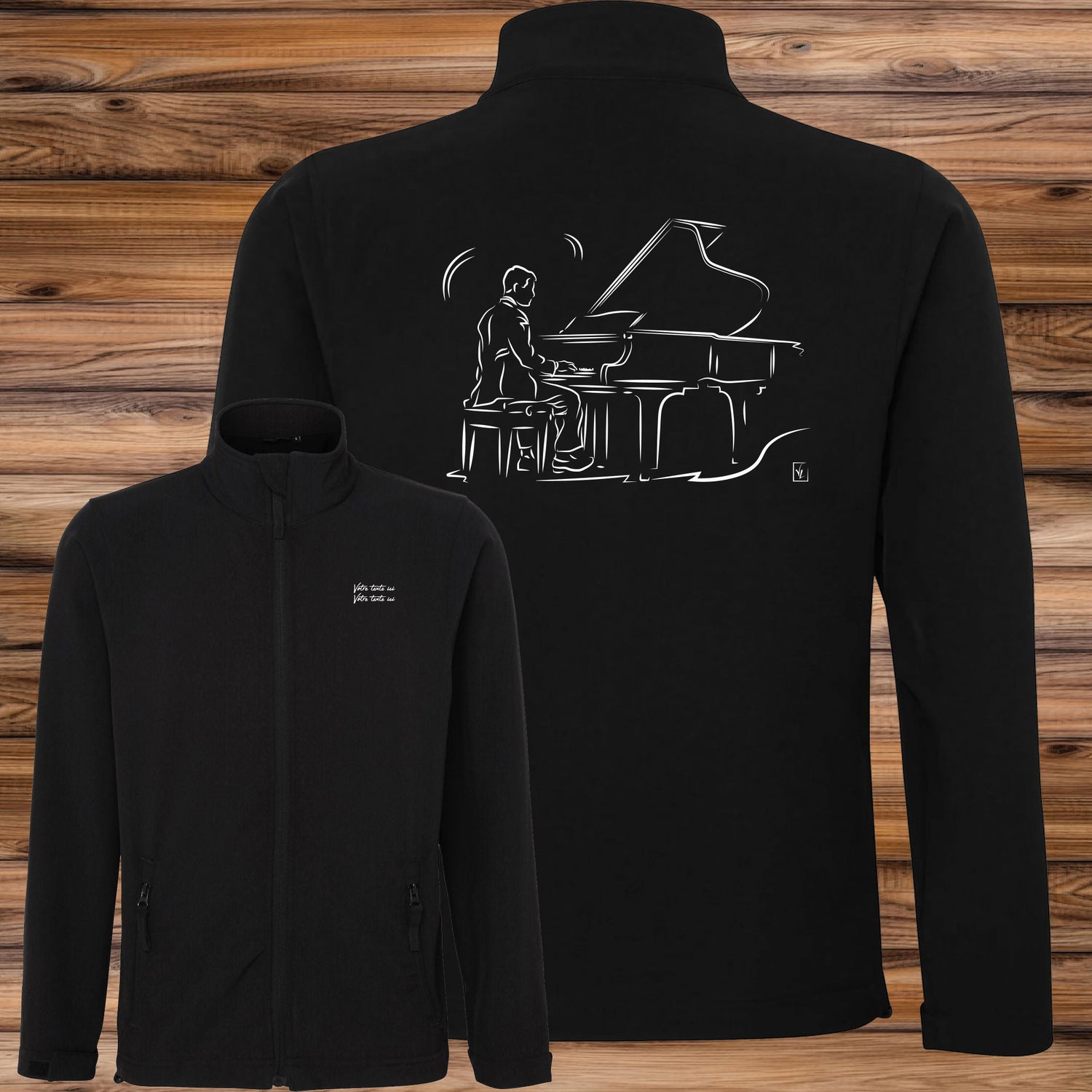 Graphisme Musicien piano classique musique à personnaliser avec du texte sur vêtement veste sofshell Création Virginie Linard ©.