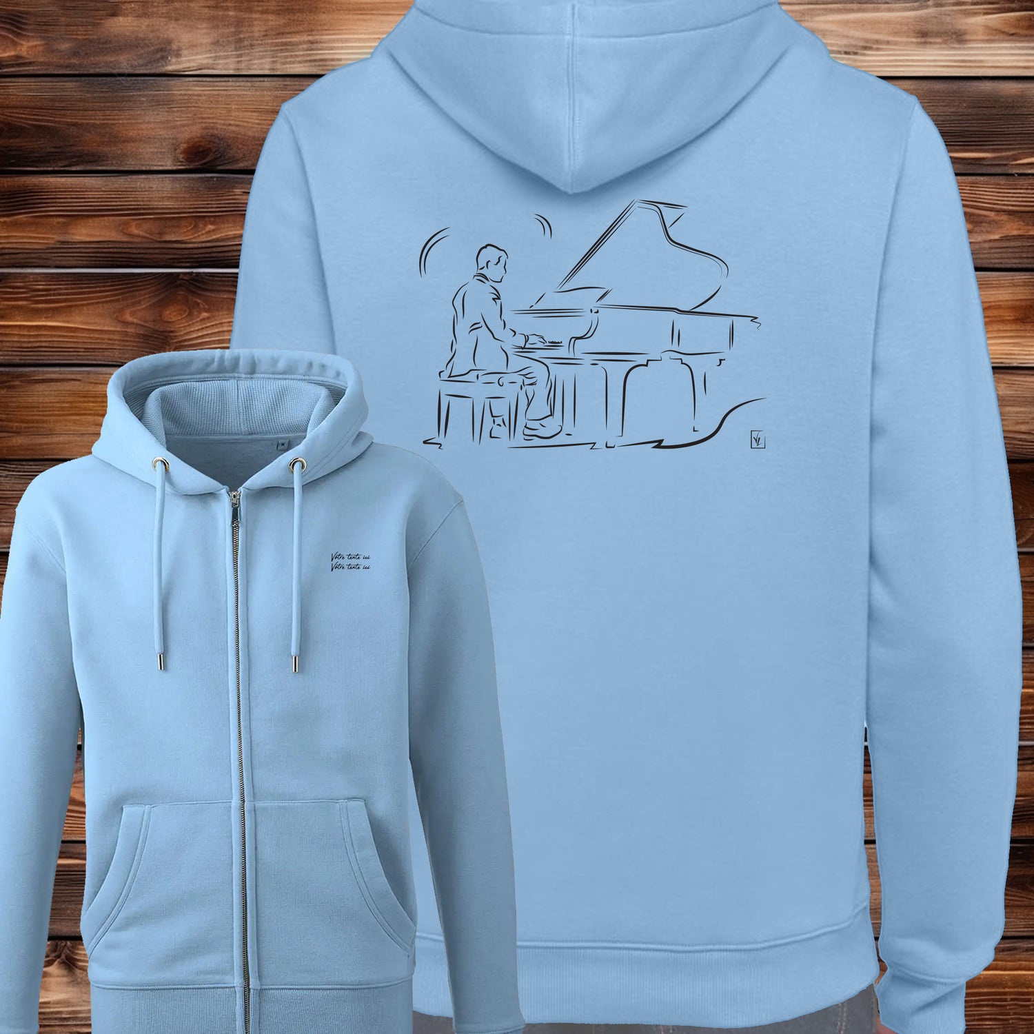 Graphisme Musique piano musicien pianiste sur veste sweat homme à personnaliser avec un texte Création Virginie Linard ©.