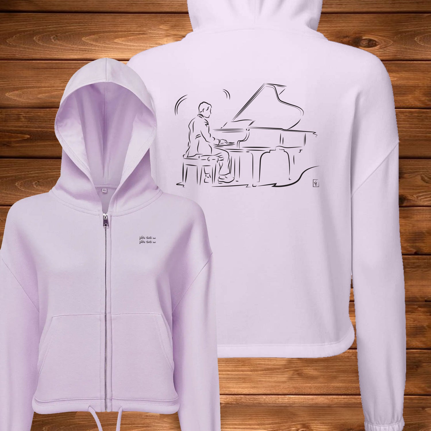 Graphisme Musique piano musicien pianiste sur veste sweat femme à personnaliser avec un texte Création Virginie Linard ©.