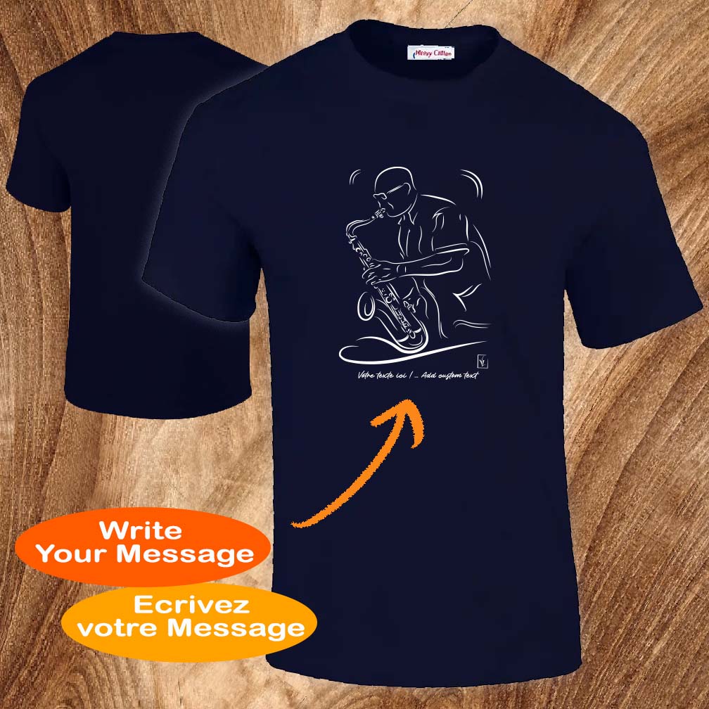 Musique T-shirt Saxophone Jazz couleur bleu à personnaliser Graphisme Virginie Linard ©