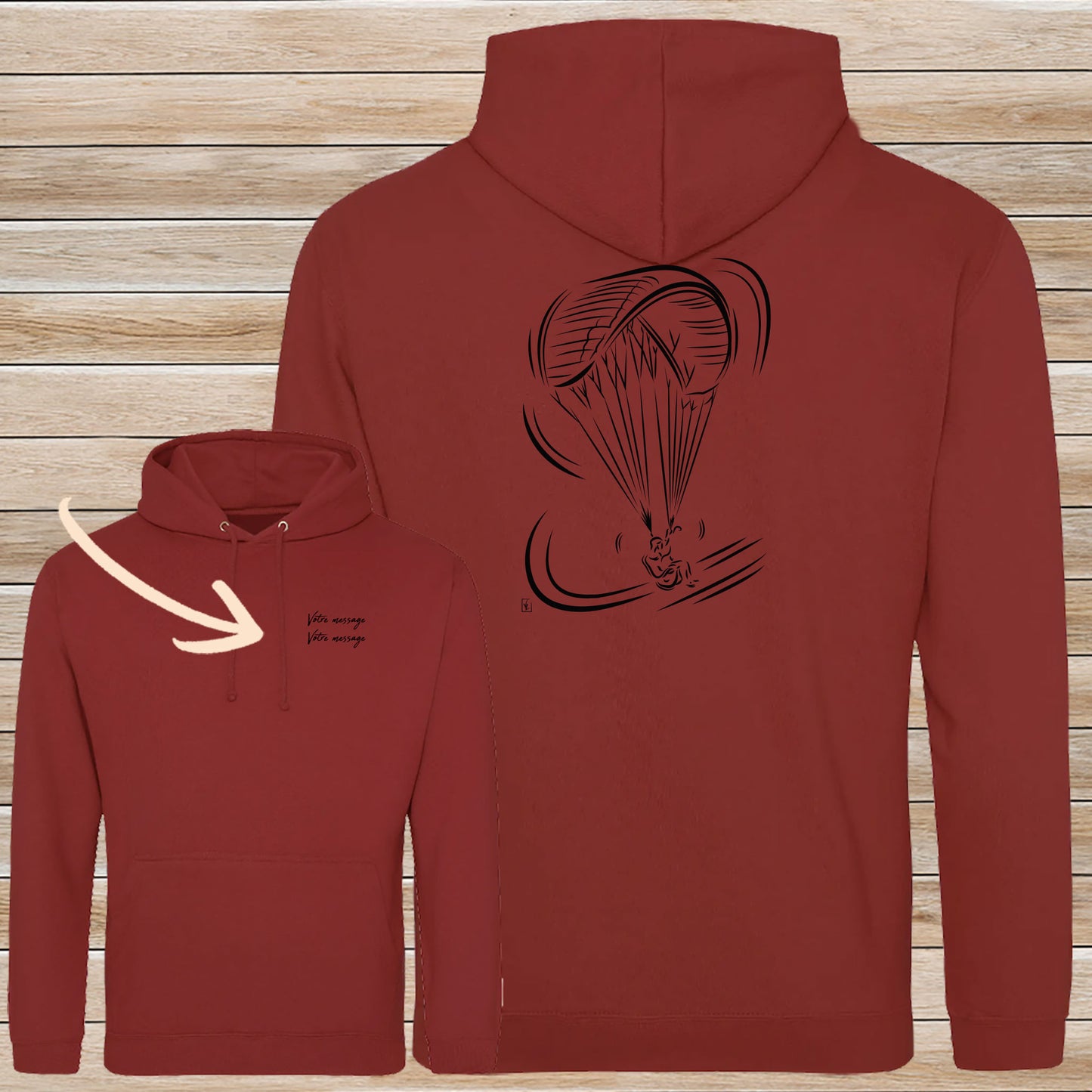 Sweat-shirt rouge Parapente personnalisable avec graphisme parapentiste en vol - Virginie Linard