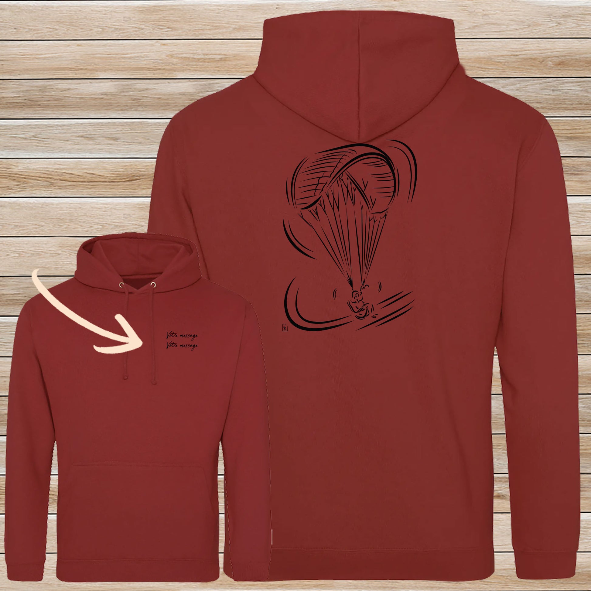 Sweat-shirt rouge Parapente personnalisable avec graphisme parapentiste en vol - Virginie Linard