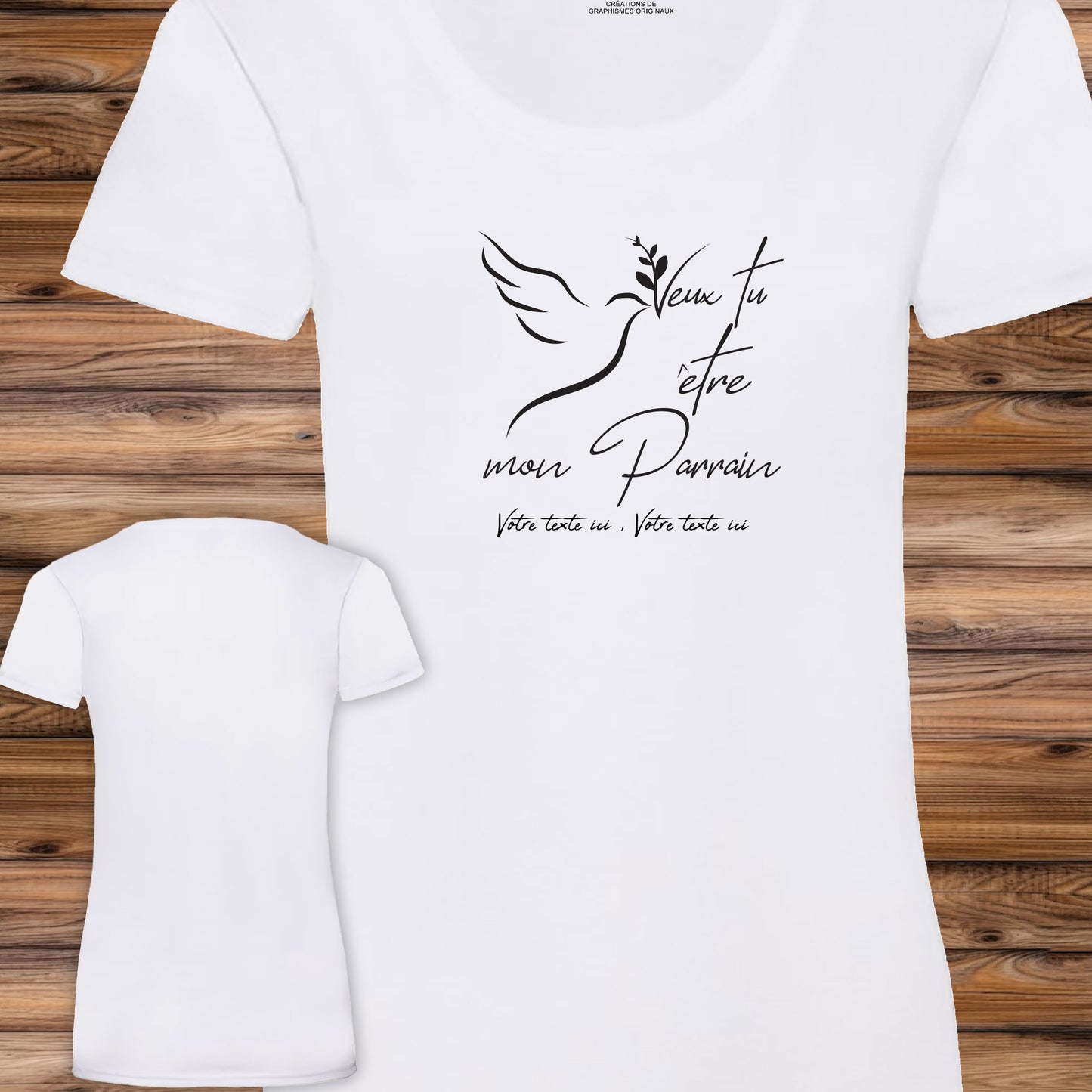 Graphisme naissance parrain baptême sur T-shirt à personnaliser avec un texte, création Virginielinard.com ©.