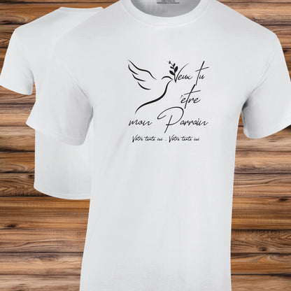 Graphisme naissance parrain baptême sur T-shirt à personnaliser avec un texte, création Virginielinard.com ©.