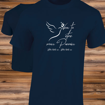 Graphisme naissance parrain baptême sur T-shirt à personnaliser avec un texte, création Virginielinard.com ©.