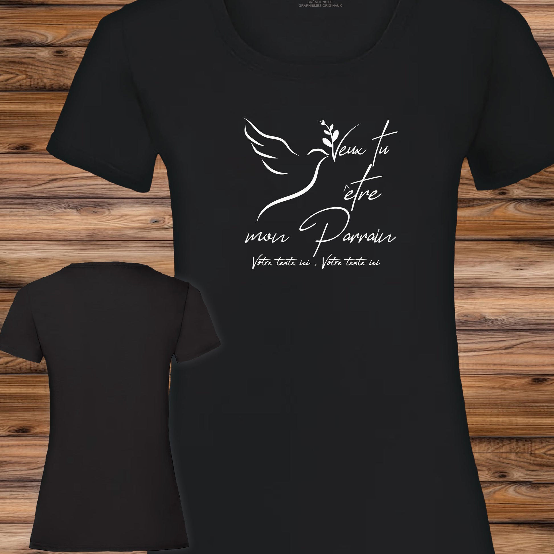 Graphisme naissance parrain baptême sur T-shirt à personnaliser avec un texte, création Virginielinard.com ©.