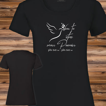 Graphisme naissance parrain baptême sur T-shirt à personnaliser avec un texte, création Virginielinard.com ©.