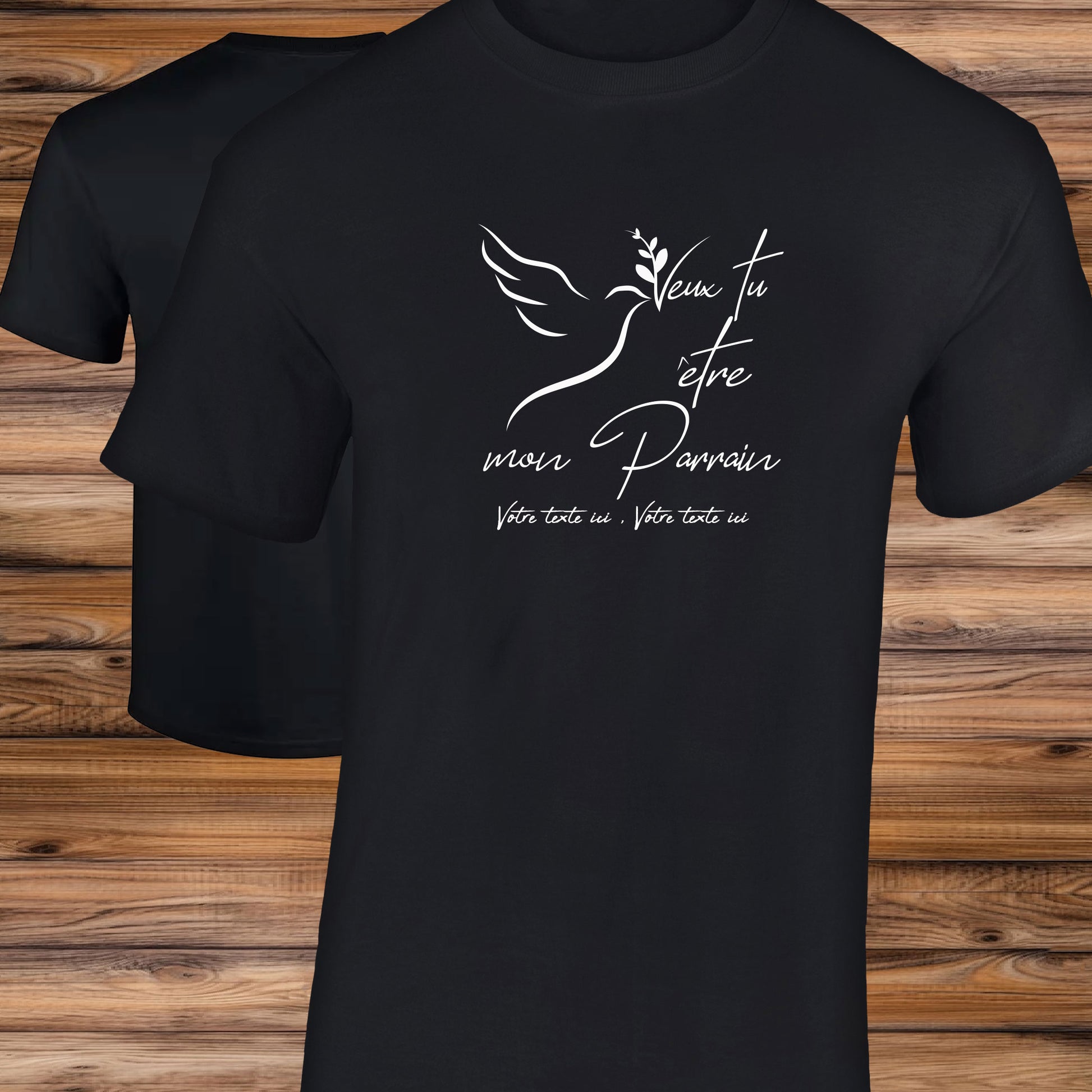 Graphisme naissance parrain baptême sur T-shirt à personnaliser avec un texte, création Virginielinard.com ©.