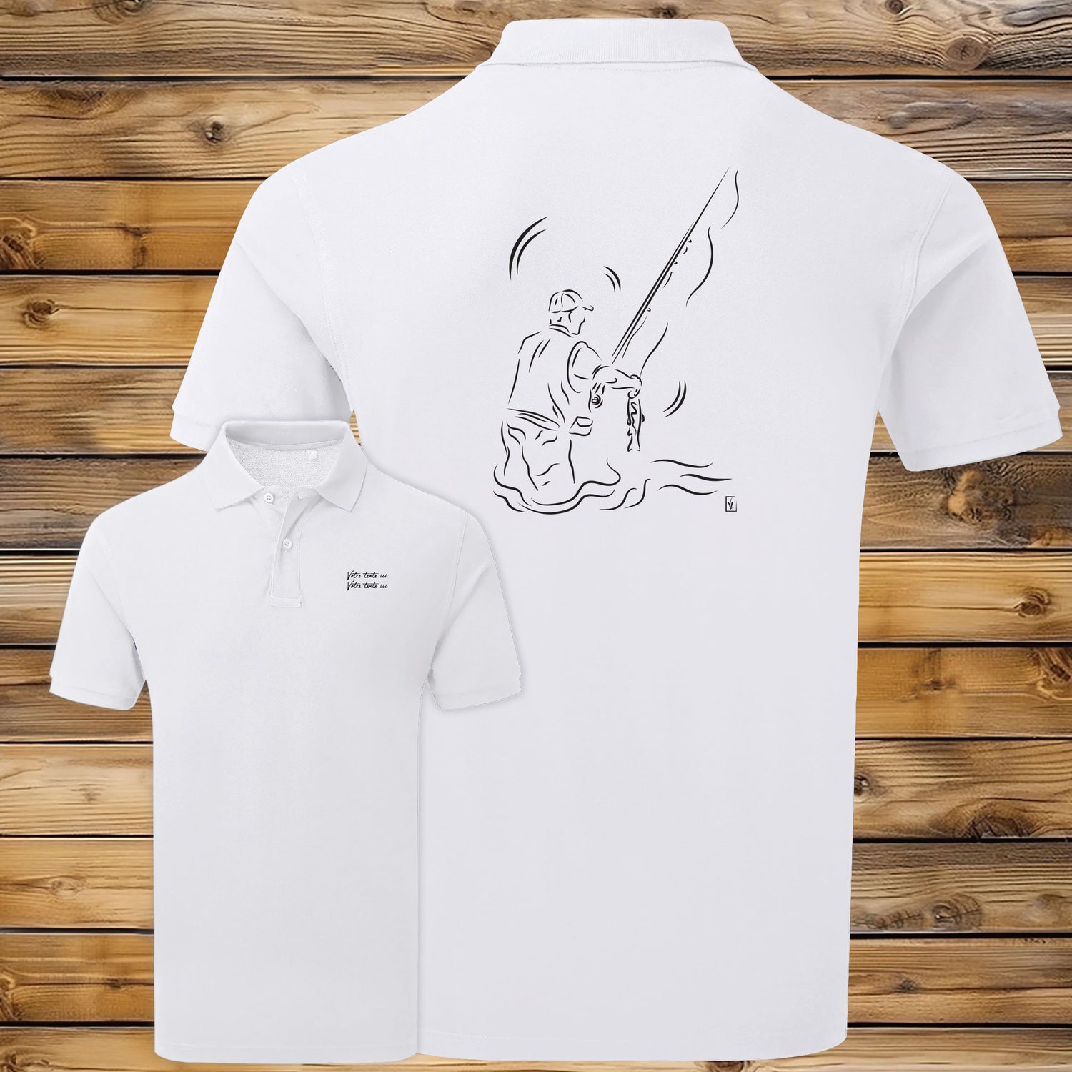 Graphisme pêche pêcheur poisson canne à pêche sur Polo blanc homme. A personnaliser avec du texte. Création Virginie Linard ©.