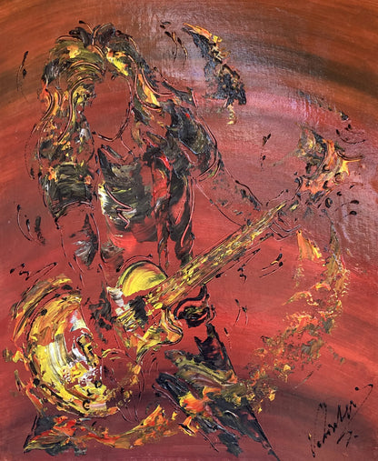 Peinture d'un guitariste de rock avec guitare électrique style Fender sur fond sombre.