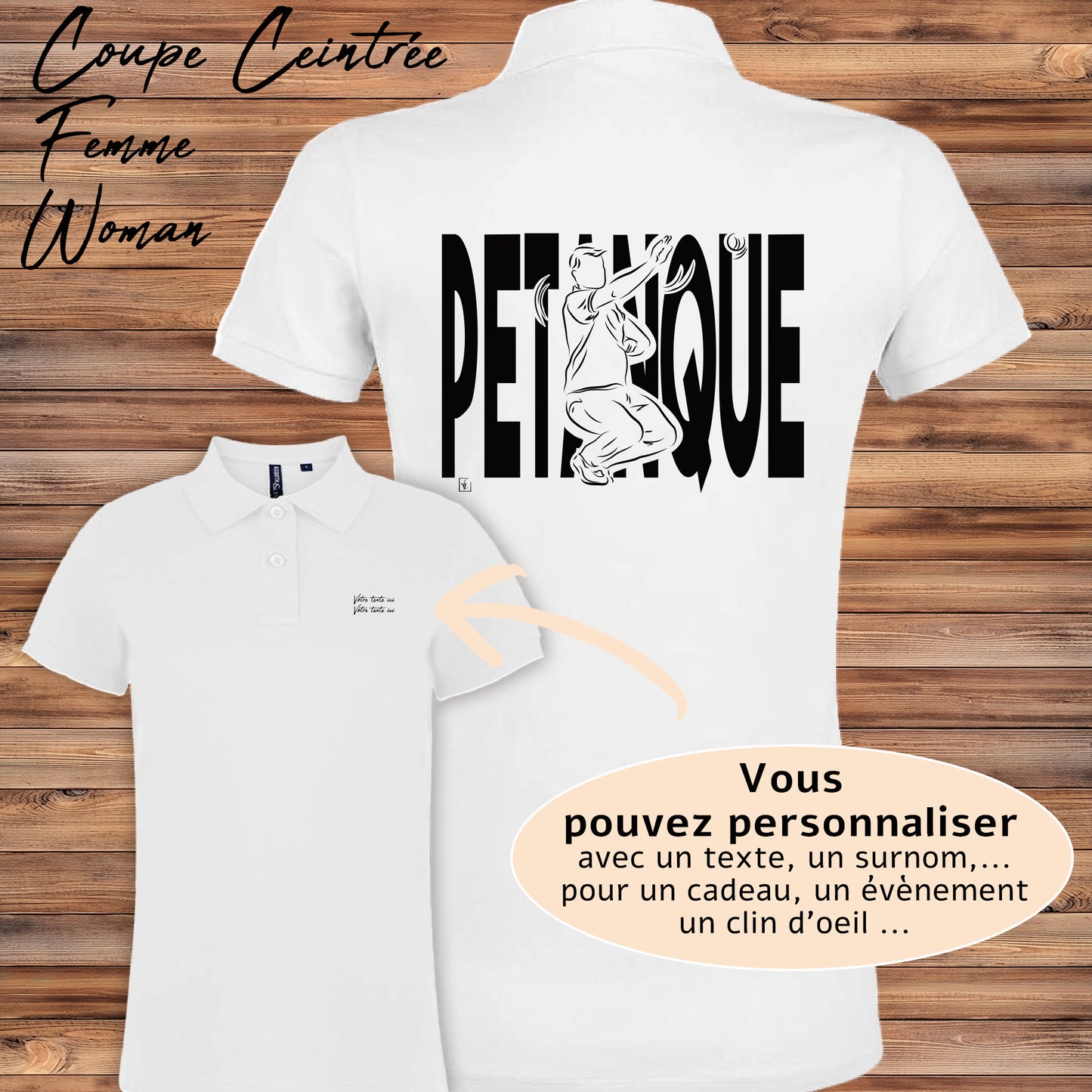 Polo femme pétanque personnalisable avec graphisme bouliste et écriture Pétanque - Design exclusif Virginie Linard
