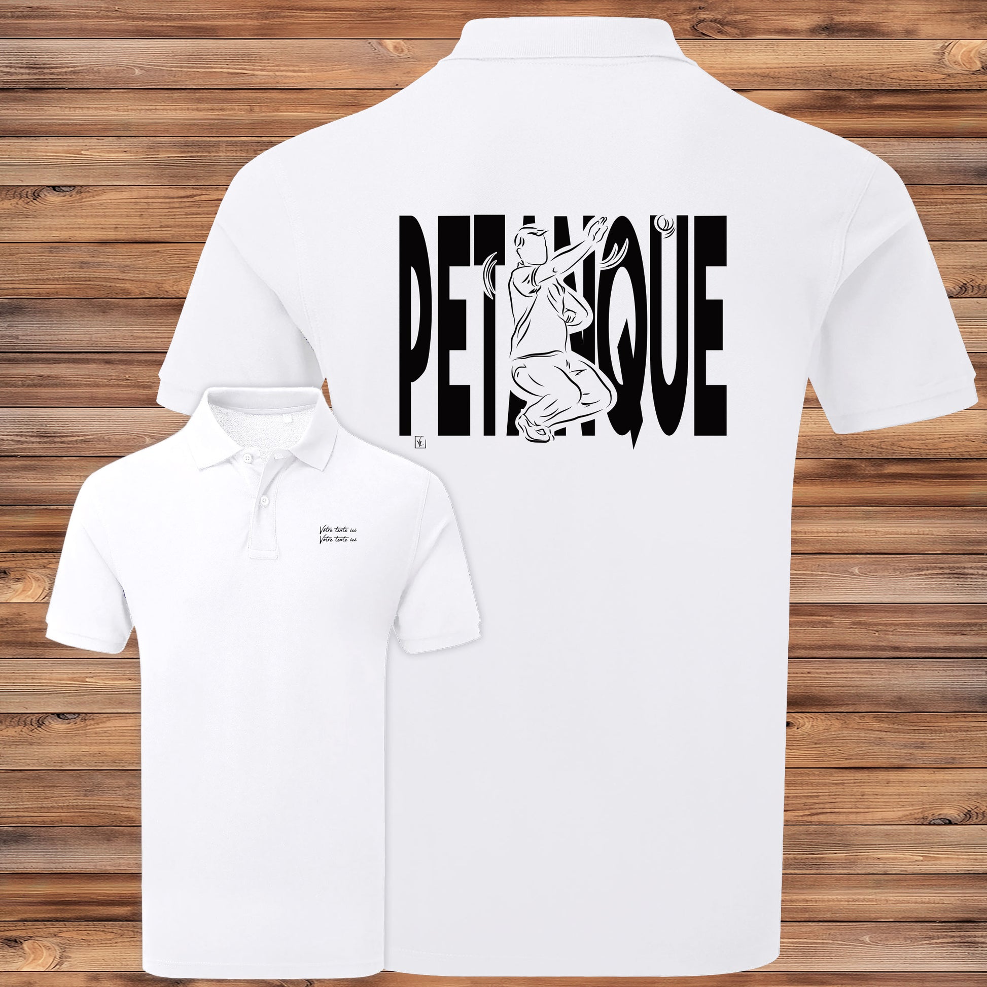 Polo homme pétanque personnalisable avec graphisme bouliste et écriture Pétanque - Design exclusif Virginie Linard
