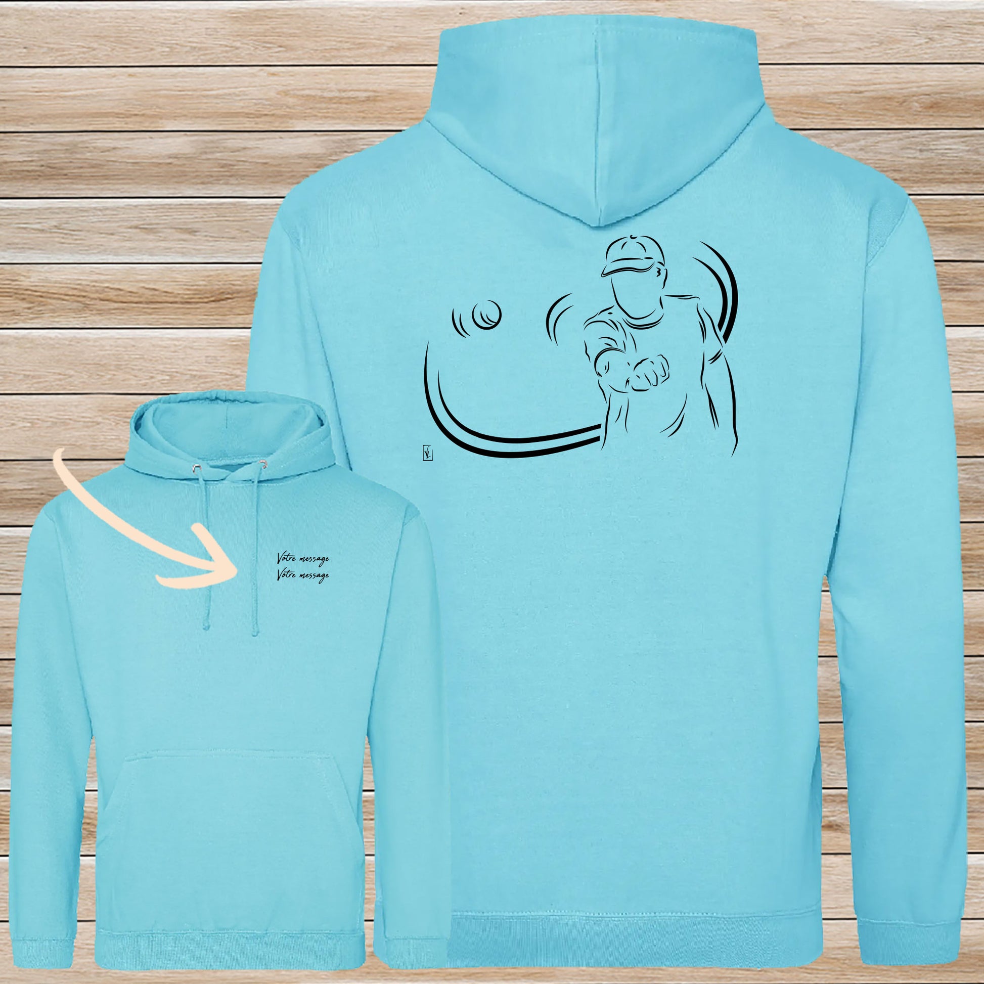 Sweat-shirt bleu Pétanque Tournoi personnalisable avec graphisme village provençal - Virginie Linard
