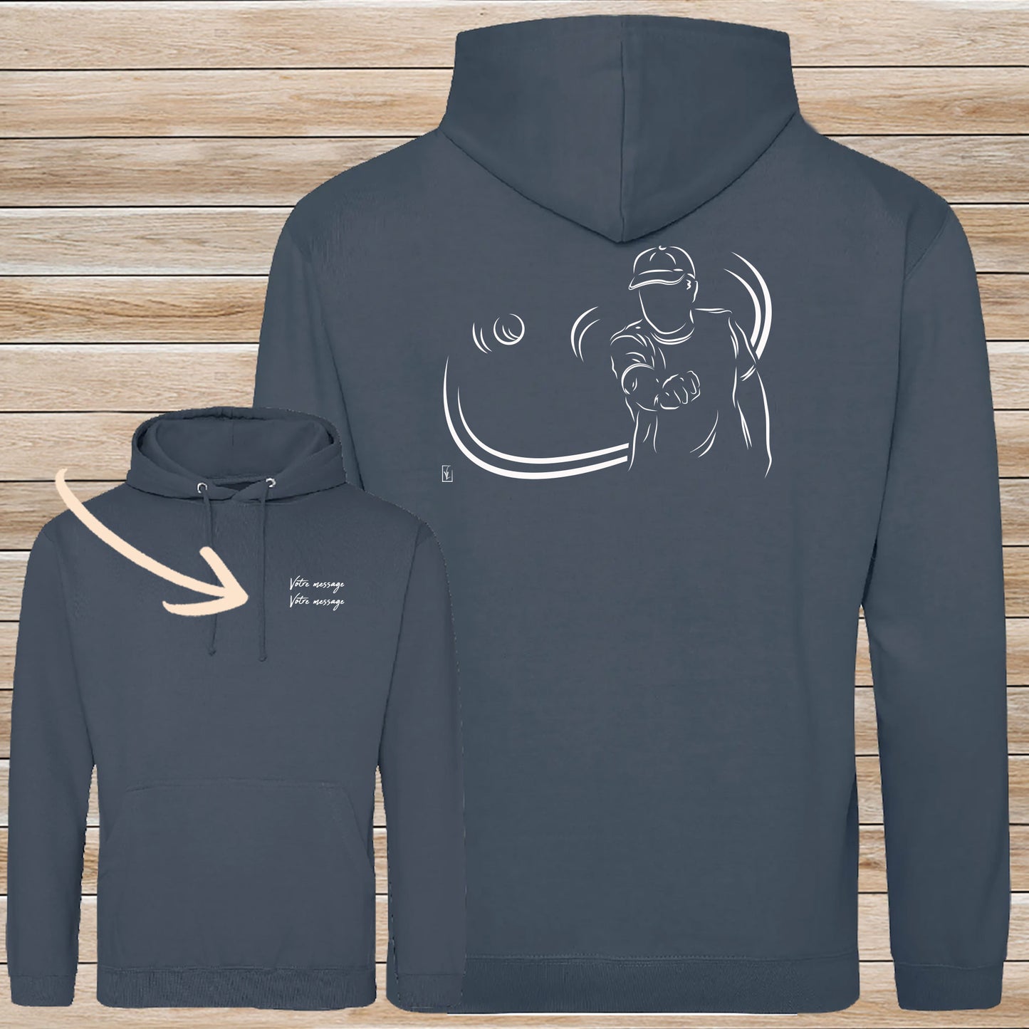 Sweat-shirt navy Pétanque Tournoi personnalisable avec graphisme village provençal - Virginie Linard
