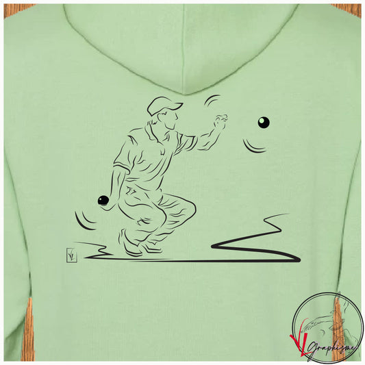 Pétanque jeux de boules sur sweat couleur vert à personnaliser avec un texte côté cœur Graphisme Virginie Linard ©