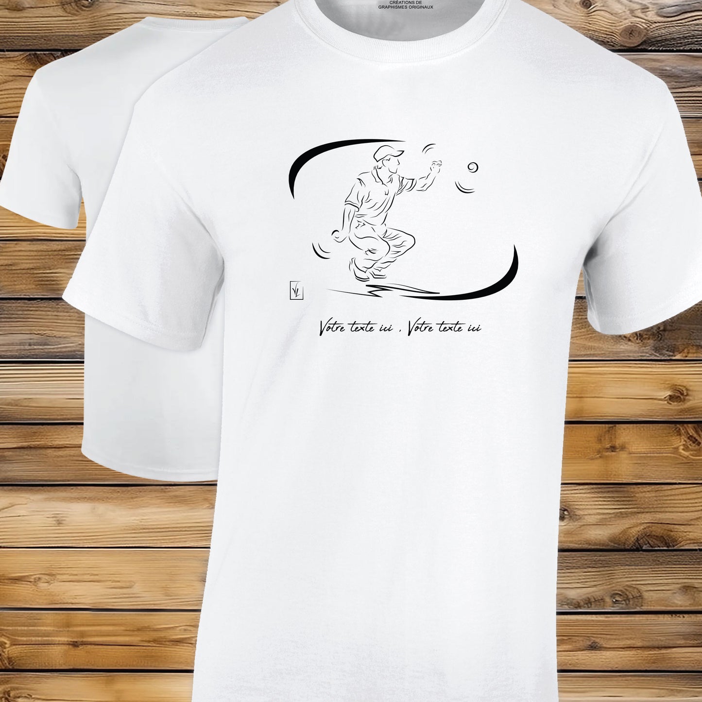 T-shirt blanc pétanque en coton personnalisable avec graphisme sur le devant.