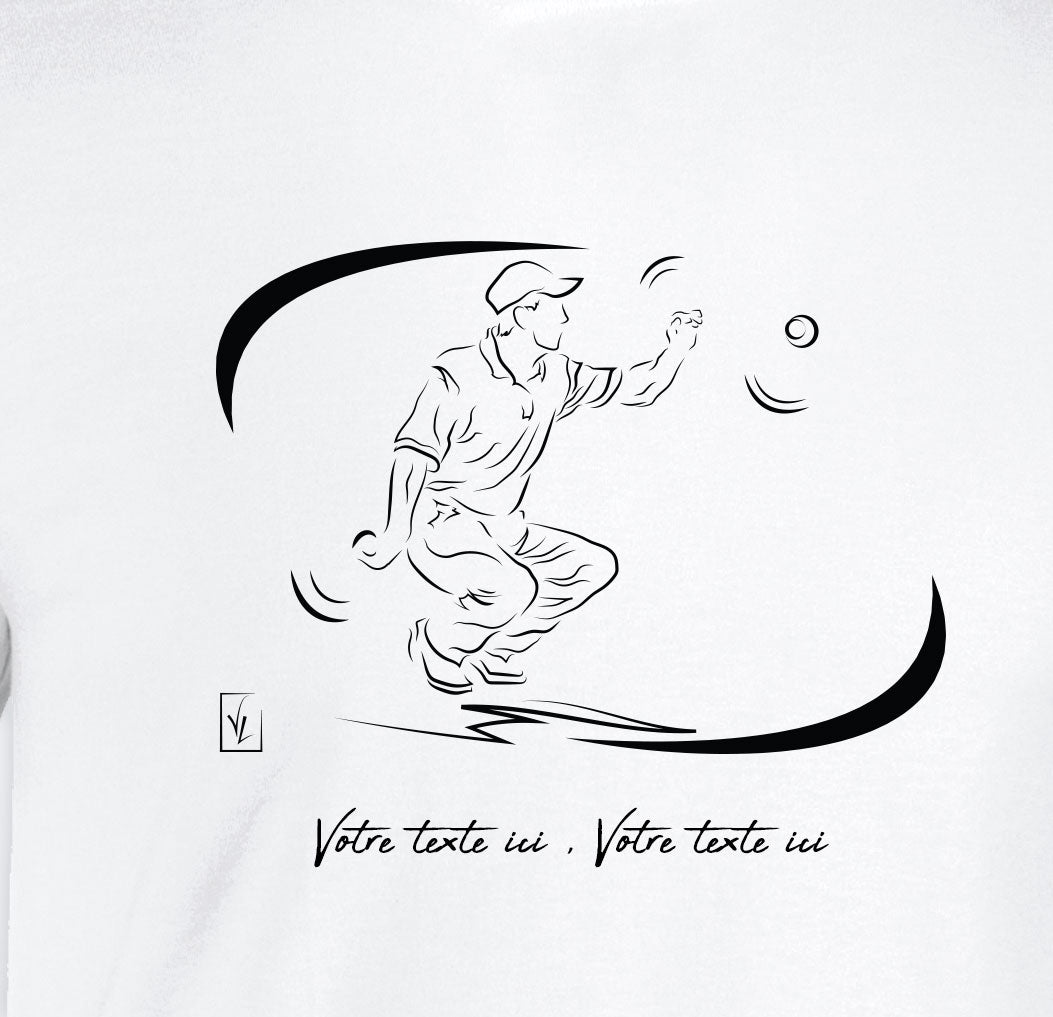 Graphisme pétanque sur t-shirt coton à personnaliser avec un texte. Création Virginie Linard ©.