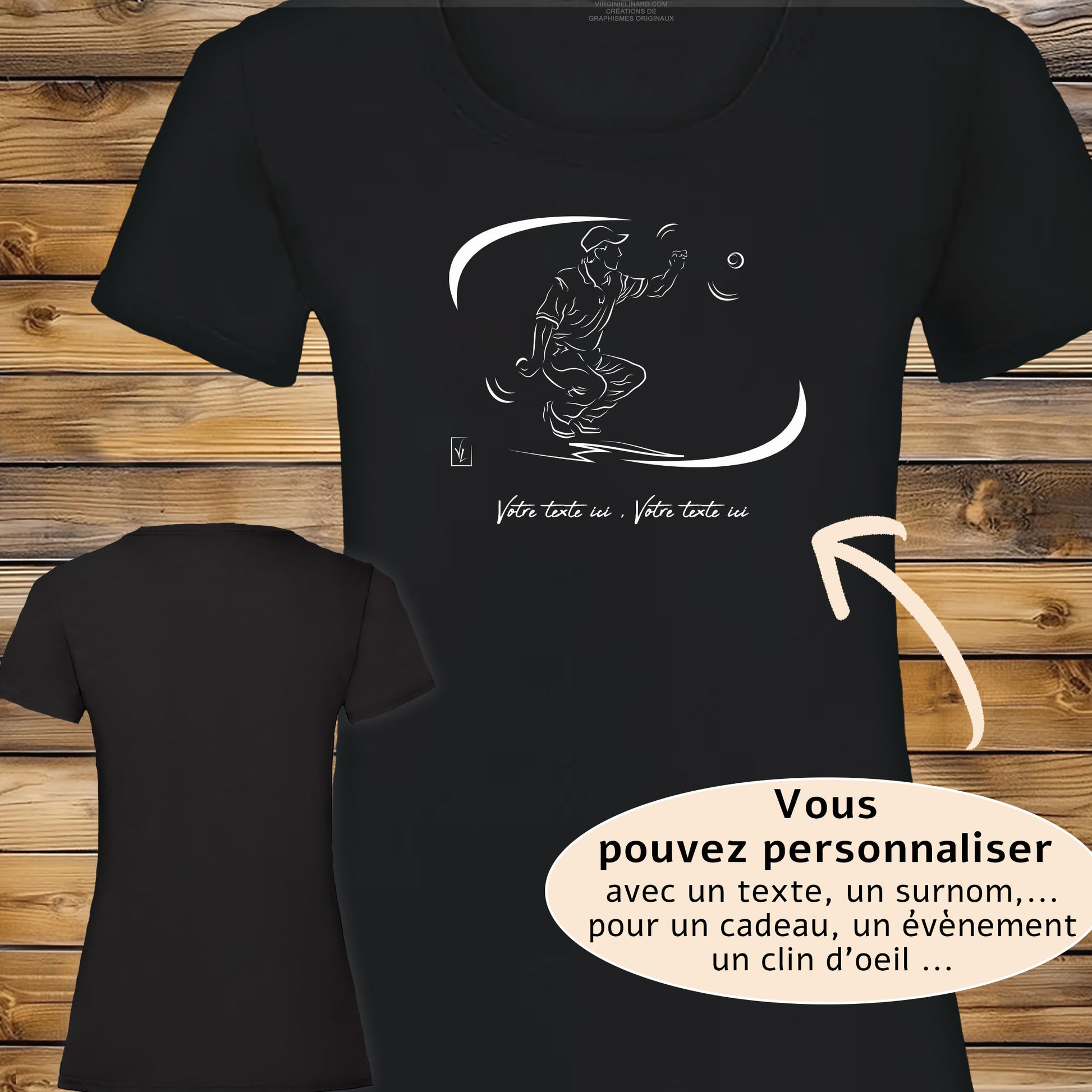 T-shirt noir femme pétanque en coton personnalisable avec graphisme sur le devant.