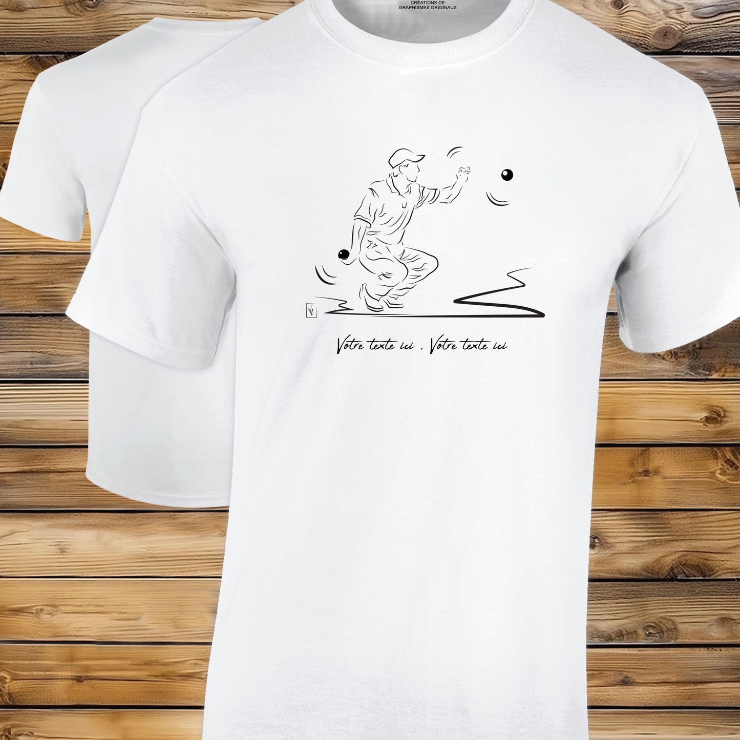 Pétanque t-shirt blanc personnalisable. Création Virginie Linard.