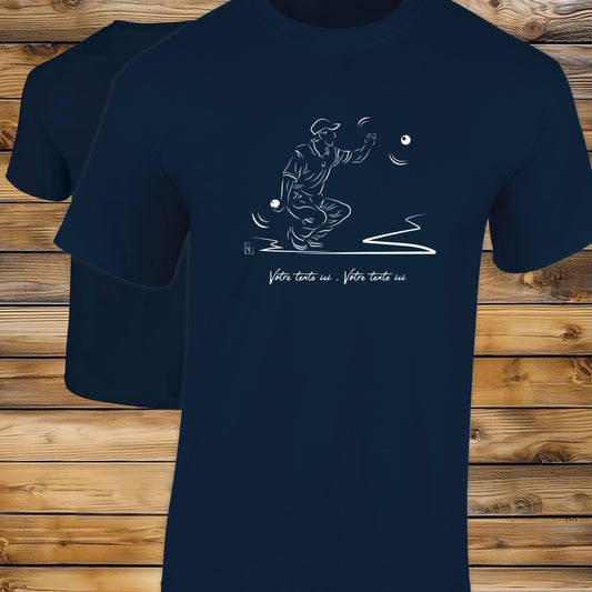 Pétanque t-shirt bleu personnalisable. Création Virginie Linard.