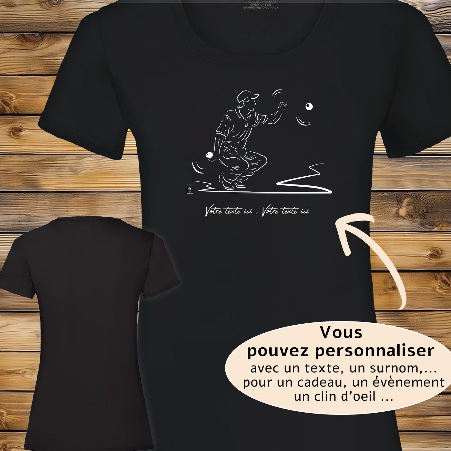 Pétanque t-shirt noir personnalisable. Création Virginie Linard.