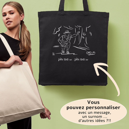 Tote bag pétanque avec texte personnalisé.