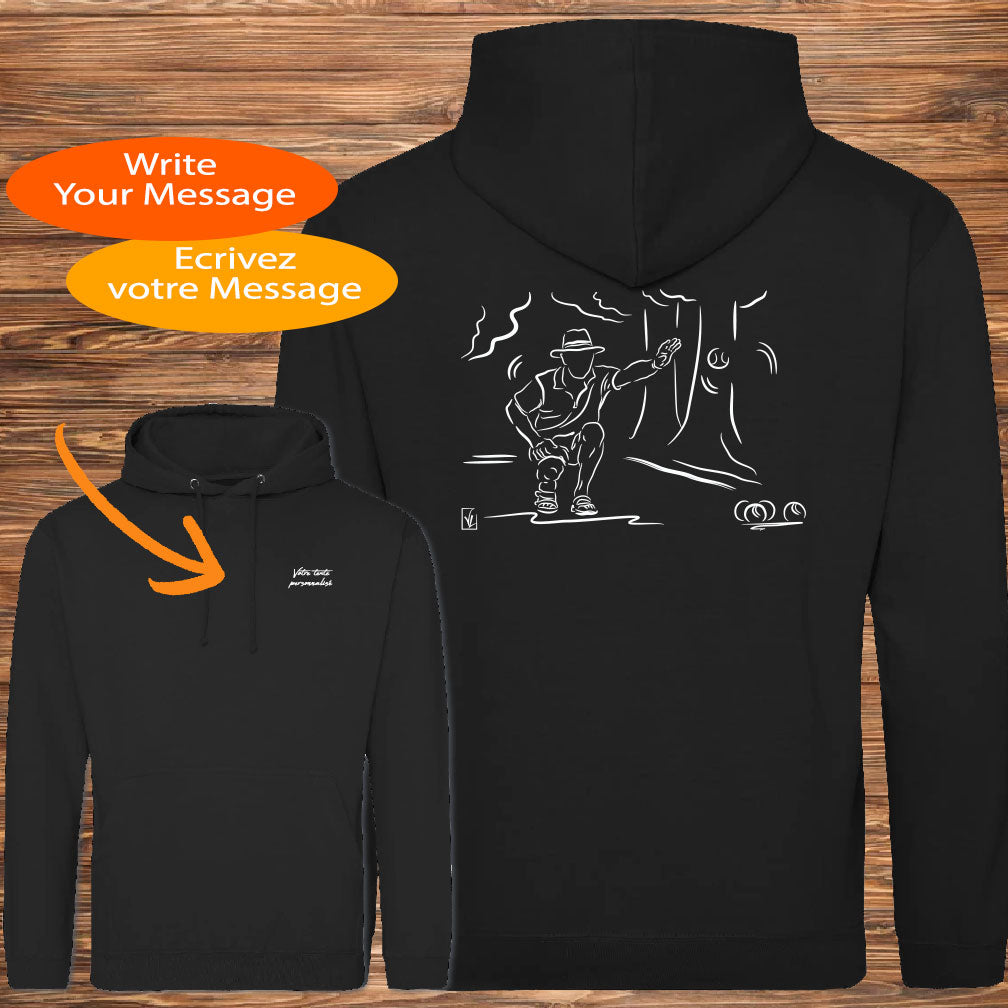 Graphisme pétanque sur sweat unisexe.  A personnaliser avec un texte. Création Virginie Linard ©.