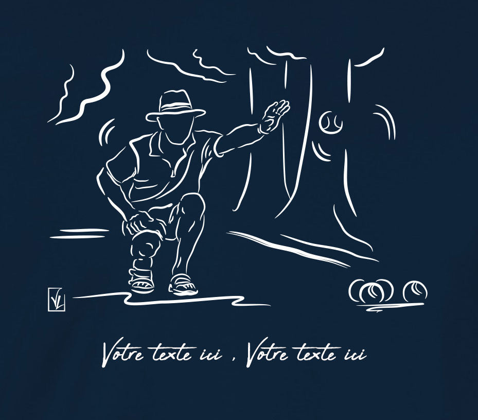 T-shirt pétanque village provençal 100% coton personnalisable bleu.