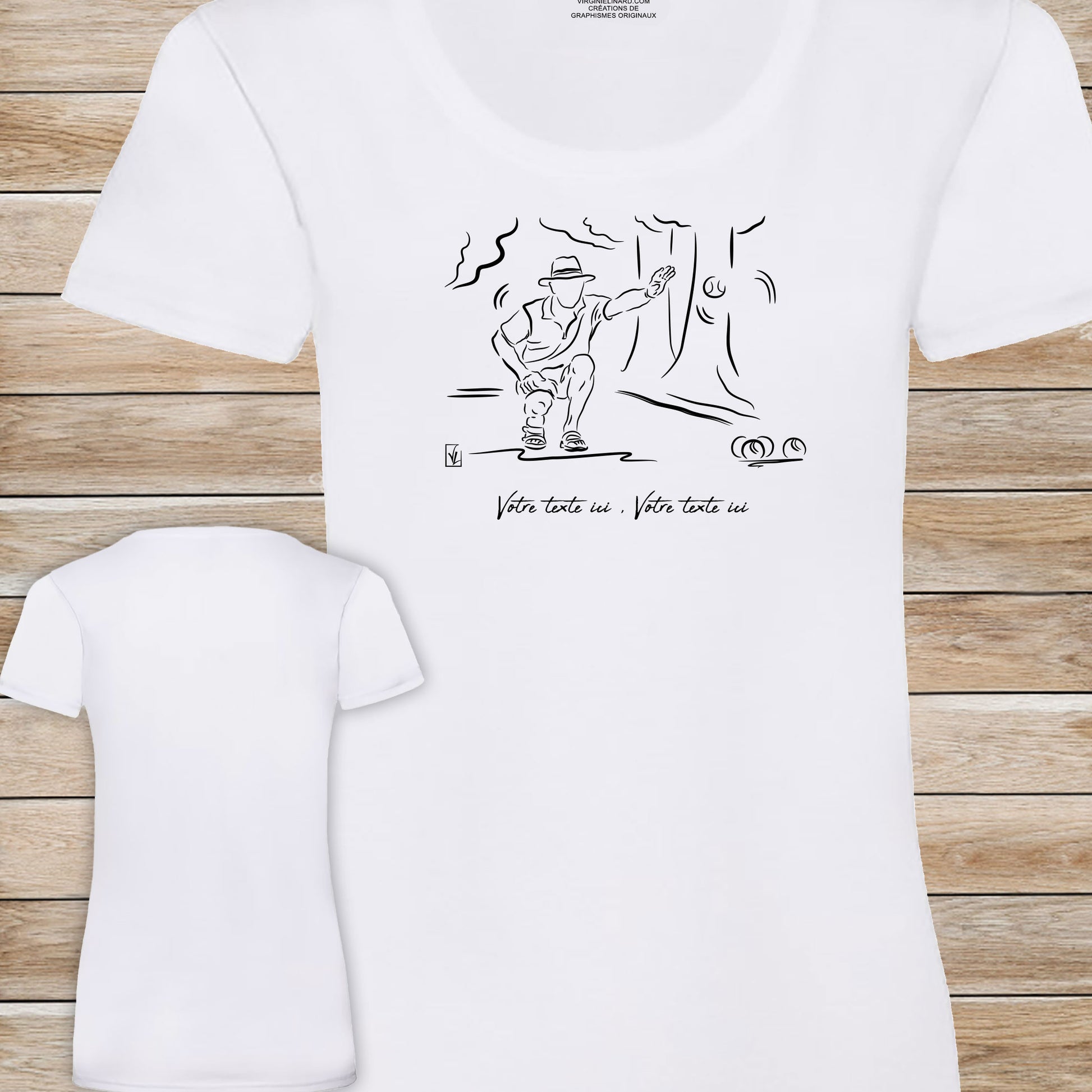 T-shirt pétanque village provençal 100% coton personnalisable blanc femme.