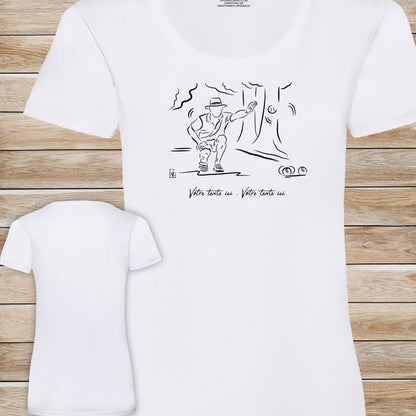 T-shirt pétanque village provençal 100% coton personnalisable blanc femme.