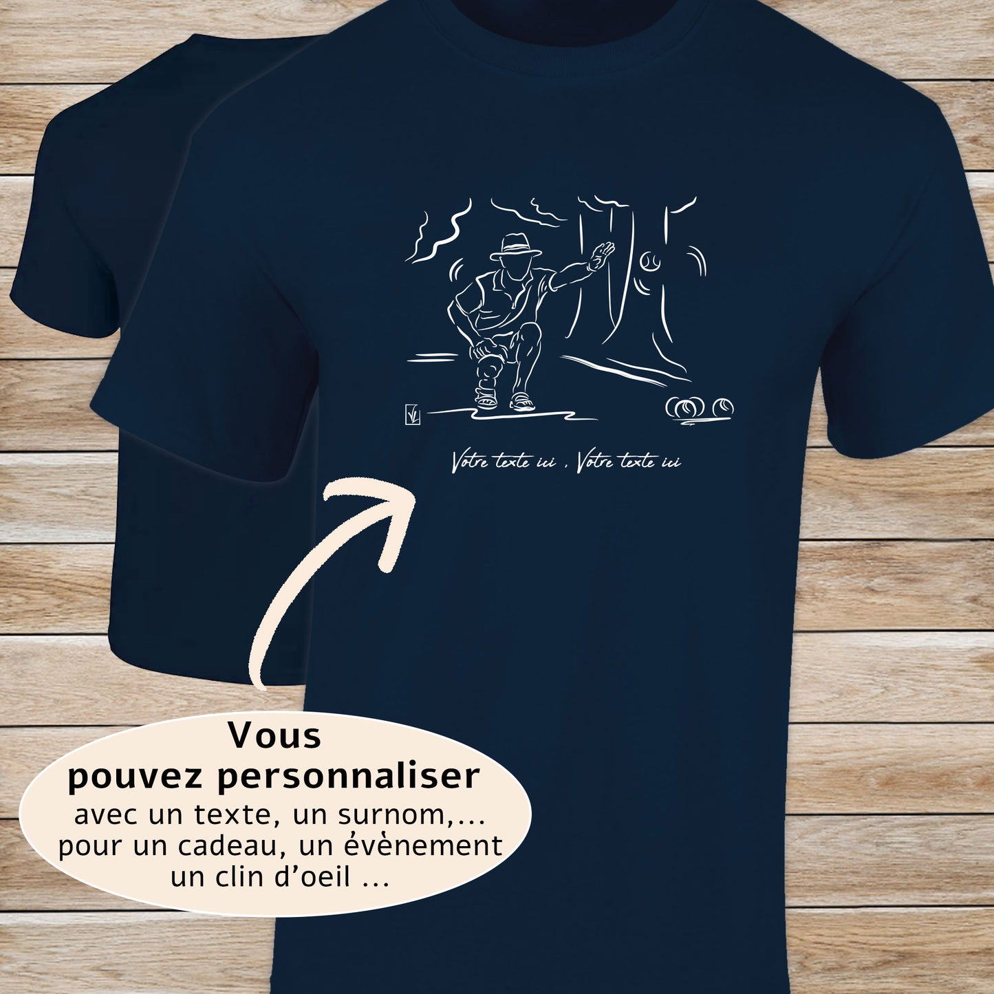 T-shirt pétanque village provençal 100% coton personnalisable bleu.