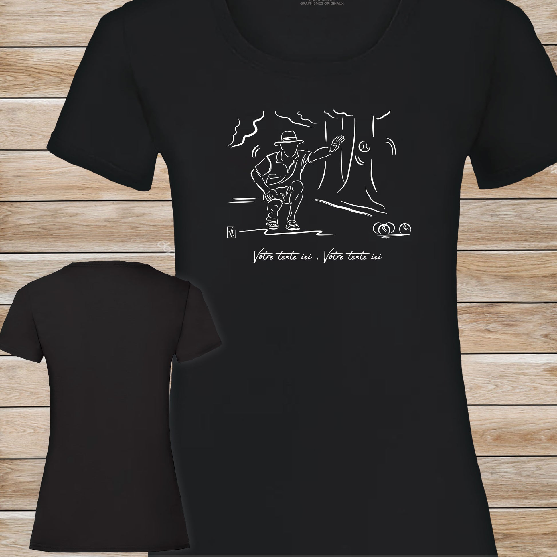 T-shirt pétanque village provençal 100% coton personnalisable noir femme.