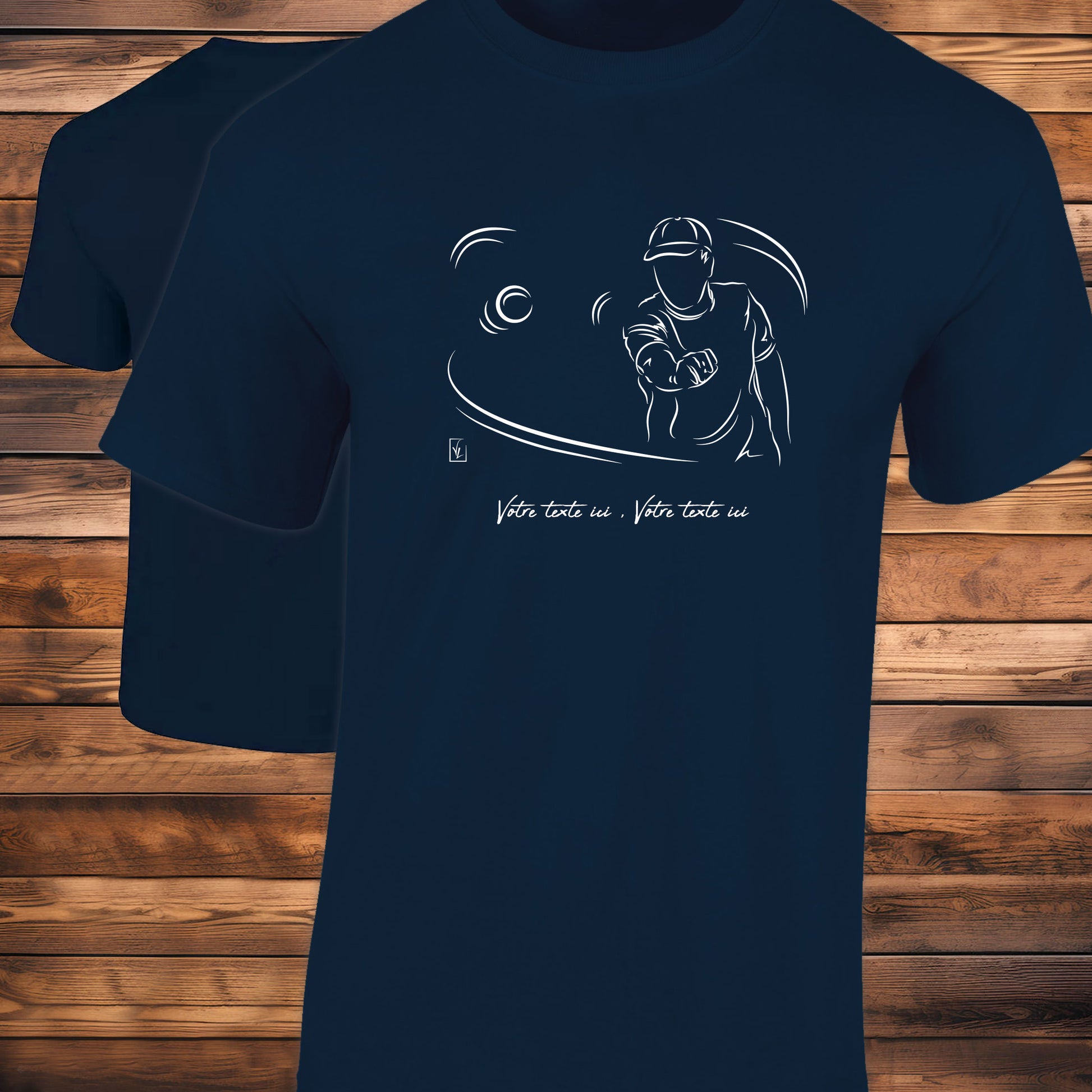 Pétanque jeux de boules sur t-shirt couleur bleu à personnaliser avec un texte. Création Virginie Linard ©.