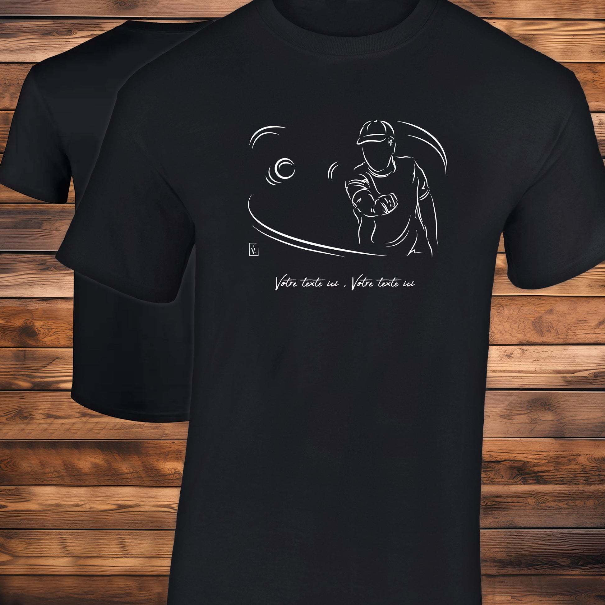 Pétanque jeux de boules sur t-shirt couleur noir à personnaliser avec un texte. Création Virginie Linard ©.