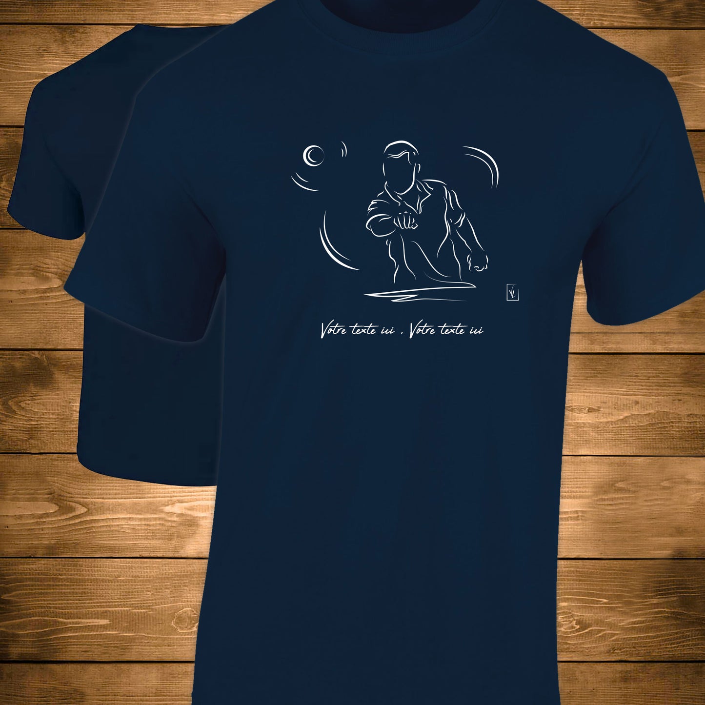 Pétanque sur t-shirt bleu personnalisable. Création Virginie Linard ©.