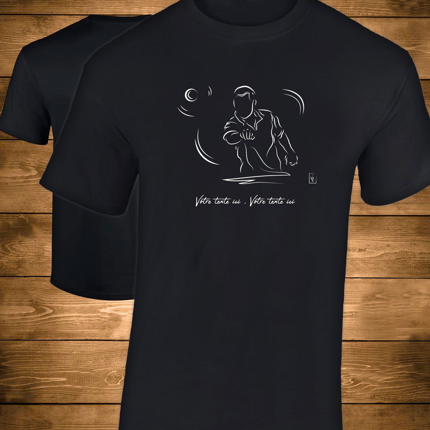 Pétanque sur t-shirt noir personnalisable. Création Virginie Linard ©.