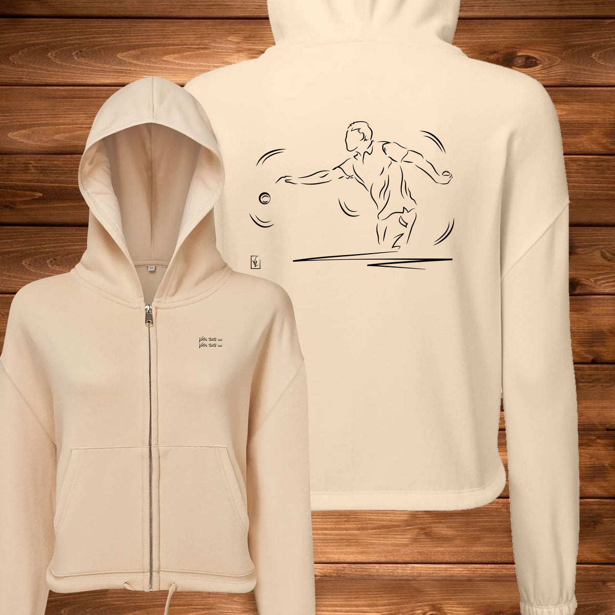 Graphisme Pétanque jeux de boules sur veste sweat femme à personnaliser avec un texte Création Virginie Linard ©.