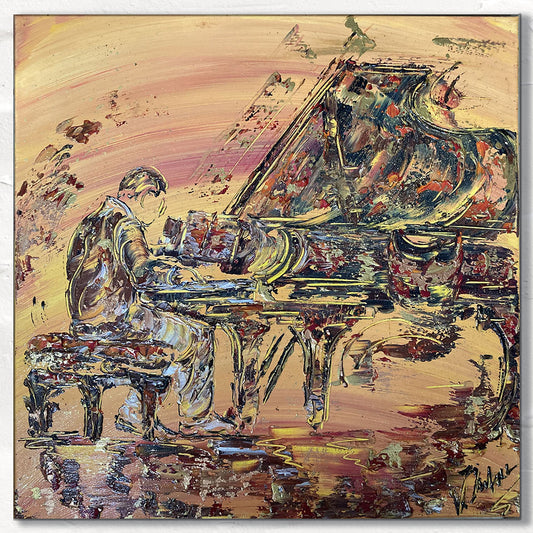 Tableau d'un pianiste sur fond marron du peintre Virginie Linard ©