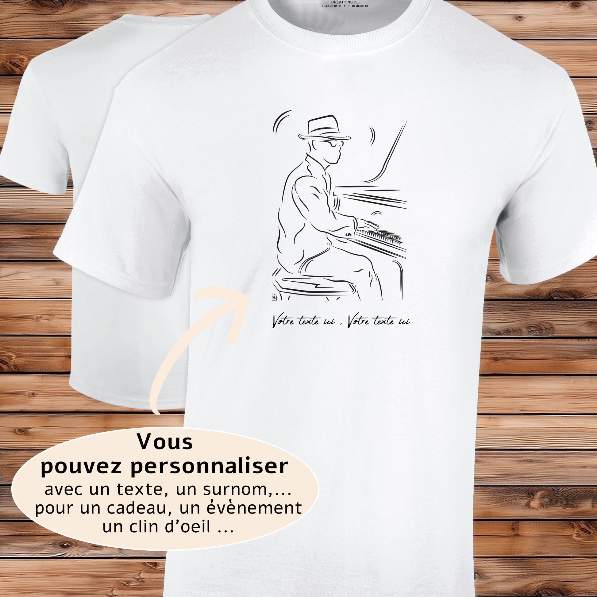 Musicien Pianiste jazz , graphisme sur T-shirt blanc Homme à personnaliser avec du texte. Création Virginie Linard ©.